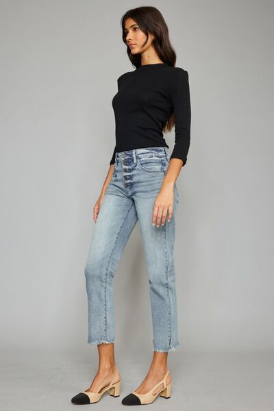 Kancan High Waist Button Fly Raw Hem Cropped Straight Jeans - EMMY