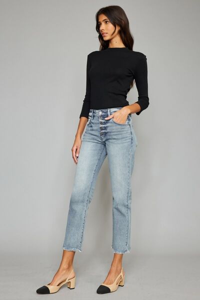 Kancan High Waist Button Fly Raw Hem Cropped Straight Jeans - EMMY