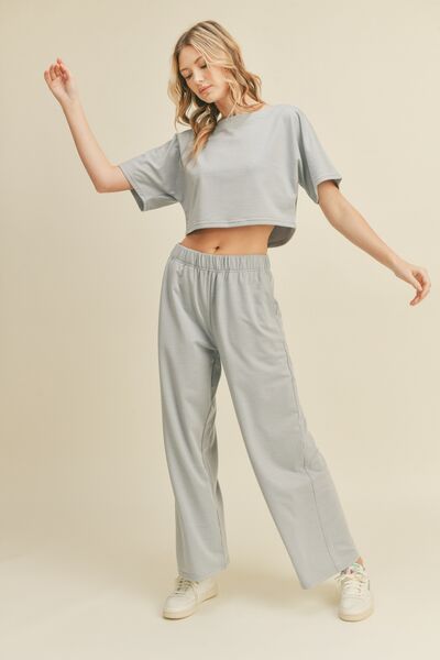 Kimberly C Full Size Short Sleeve Cropped Top and Wide Leg Pants Set - EMMY