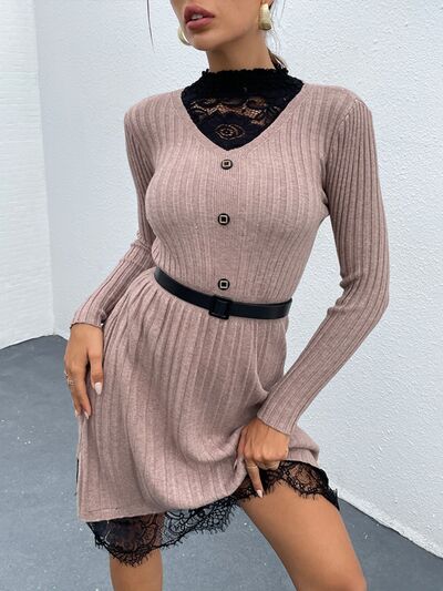 Lace Detail Decorative Button Long Sleeve Sweater Dress - EMMY