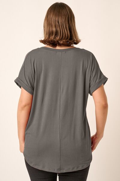 Mittoshop Full Size V-Neck Rolled Short Sleeve T-Shirt - EMMY