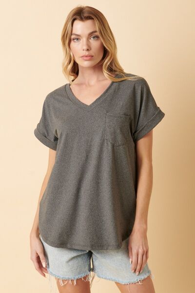 Mittoshop Full Size V-Neck Rolled Short Sleeve T-Shirt - EMMY