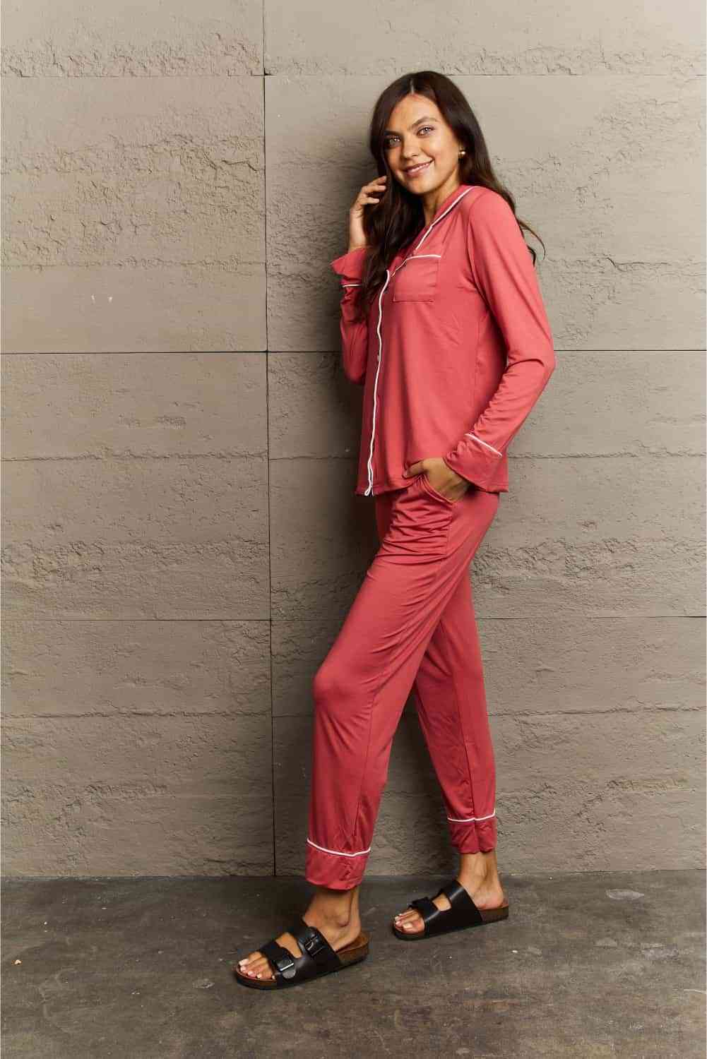 Ninexis Buttoned Collared Neck Top and Pants Pajama Set - EMMY