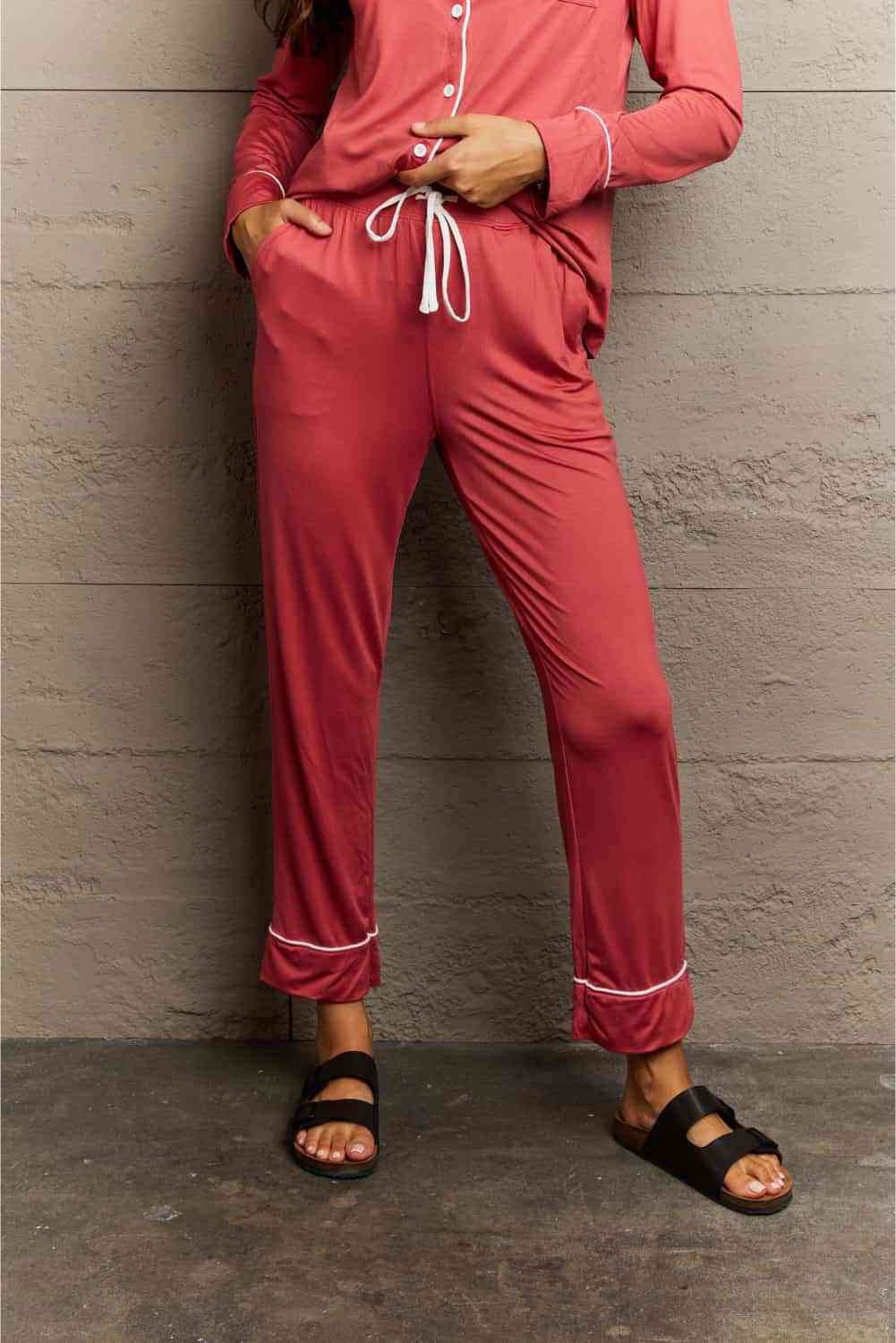 Ninexis Buttoned Collared Neck Top and Pants Pajama Set - EMMY