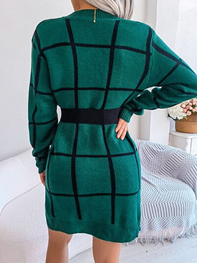 Plaid Round Neck Dropped Shoulder Sweater Dress - EMMY