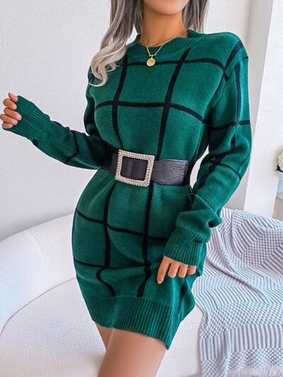 Plaid Round Neck Dropped Shoulder Sweater Dress - EMMY