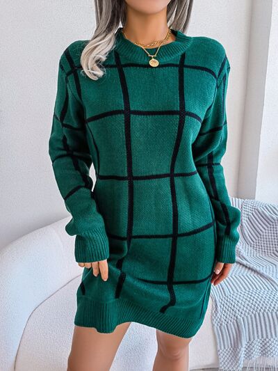 Plaid Round Neck Dropped Shoulder Sweater Dress - EMMY