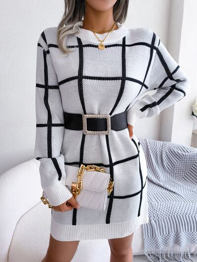 Plaid Round Neck Dropped Shoulder Sweater Dress - EMMY