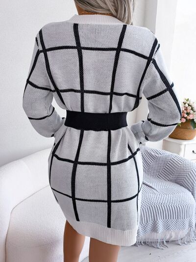 Plaid Round Neck Dropped Shoulder Sweater Dress - EMMY