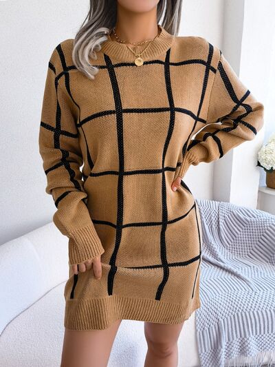 Plaid Round Neck Dropped Shoulder Sweater Dress - EMMY