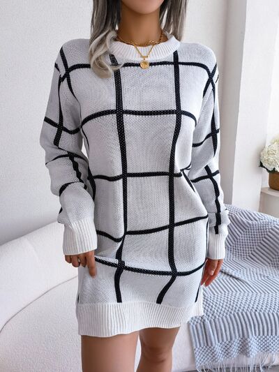 Plaid Round Neck Dropped Shoulder Sweater Dress - EMMY