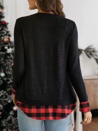 Plaid Round Neck Long Sleeve T-Shirt - EMMY