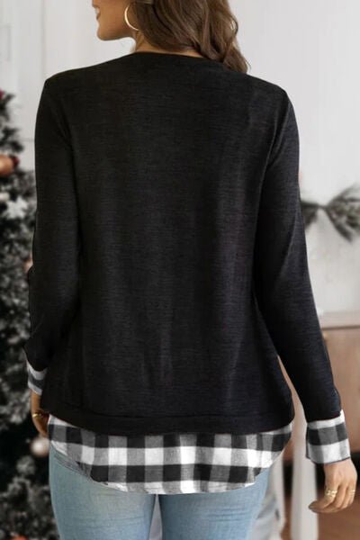 Plaid Round Neck Long Sleeve T-Shirt - EMMY