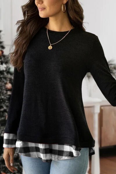 Plaid Round Neck Long Sleeve T-Shirt - EMMY