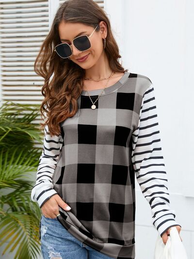 Plaid Striped Round Neck Long Sleeve T-Shirt - EMMY