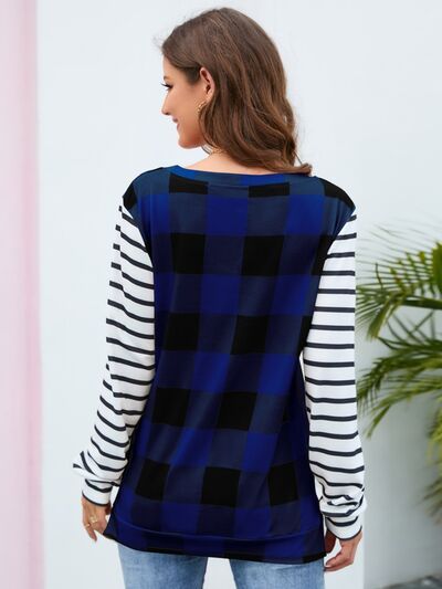 Plaid Striped Round Neck Long Sleeve T-Shirt - EMMY