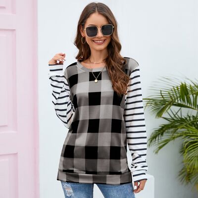 Plaid Striped Round Neck Long Sleeve T-Shirt - EMMY