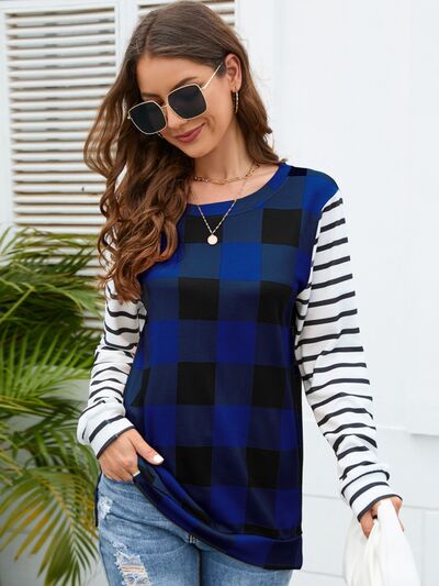 Plaid Striped Round Neck Long Sleeve T-Shirt - EMMY