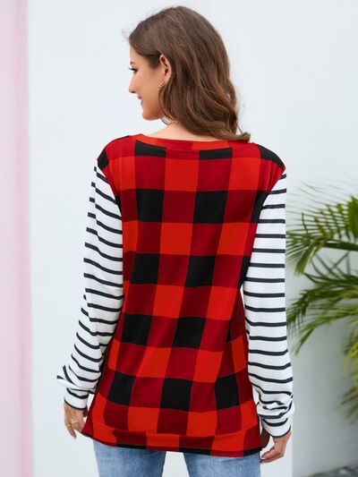 Plaid Striped Round Neck Long Sleeve T-Shirt - EMMY