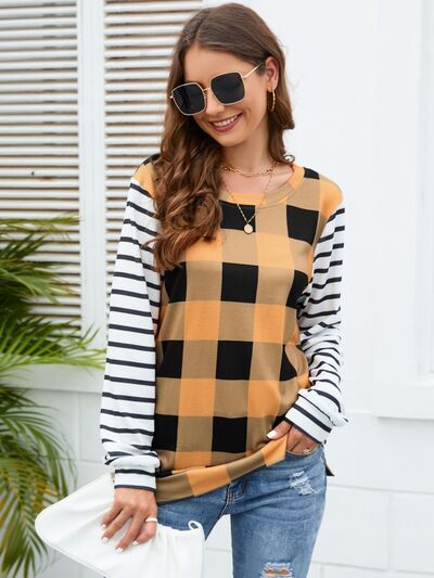 Plaid Striped Round Neck Long Sleeve T-Shirt - EMMY