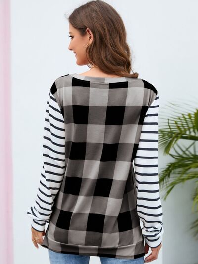 Plaid Striped Round Neck Long Sleeve T-Shirt - EMMY