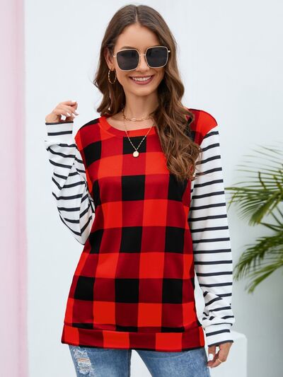 Plaid Striped Round Neck Long Sleeve T-Shirt - EMMY