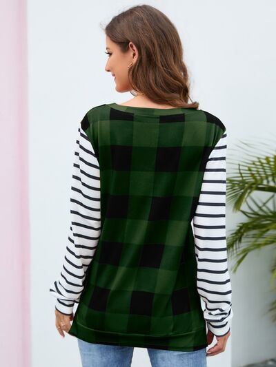 Plaid Striped Round Neck Long Sleeve T-Shirt - EMMY