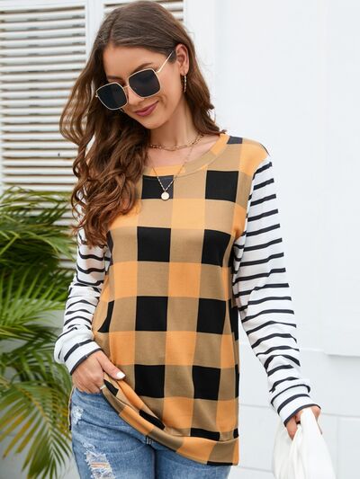 Plaid Striped Round Neck Long Sleeve T-Shirt - EMMY