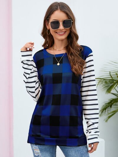 Plaid Striped Round Neck Long Sleeve T-Shirt - EMMY