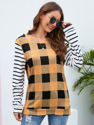 Plaid Striped Round Neck Long Sleeve T-Shirt - EMMY