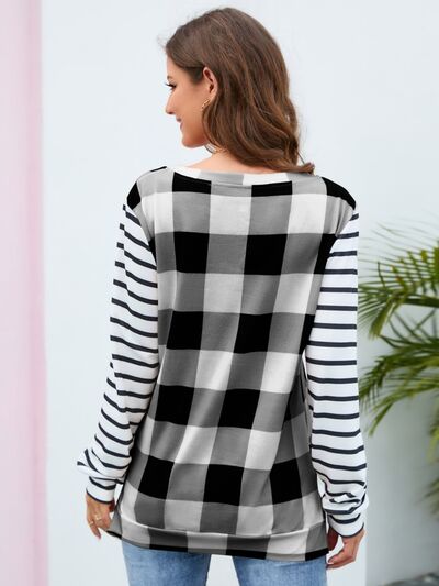 Plaid Striped Round Neck Long Sleeve T-Shirt - EMMY