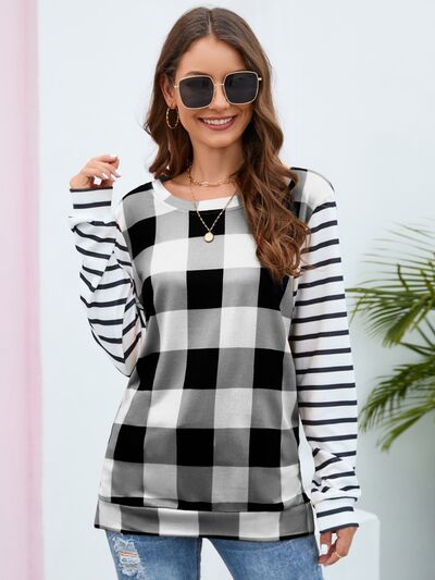 Plaid Striped Round Neck Long Sleeve T-Shirt - EMMY