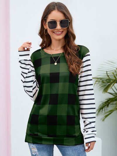 Plaid Striped Round Neck Long Sleeve T-Shirt - EMMY