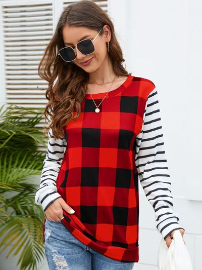 Plaid Striped Round Neck Long Sleeve T-Shirt - EMMY