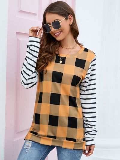 Plaid Striped Round Neck Long Sleeve T-Shirt - EMMY