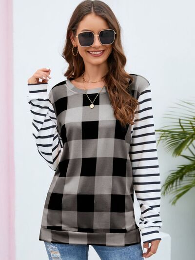 Plaid Striped Round Neck Long Sleeve T-Shirt - EMMY