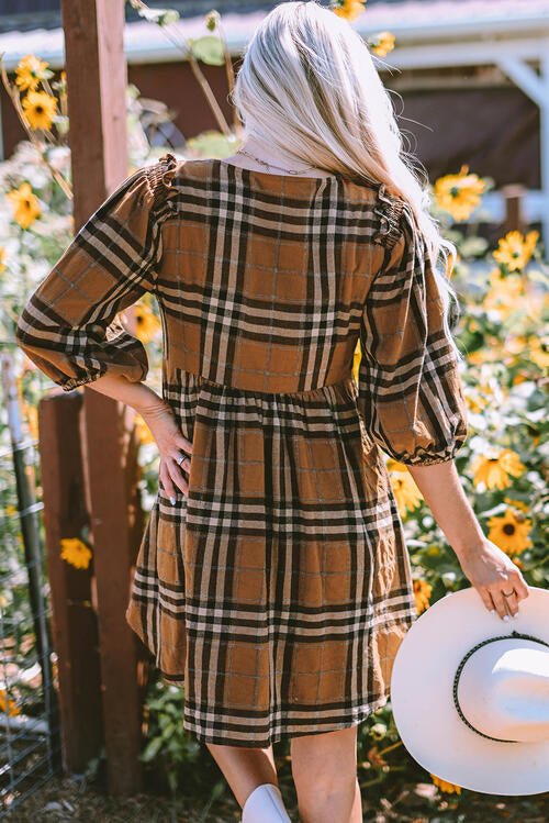 Plaid V-Neck Balloon Sleeve Dress - EMMY