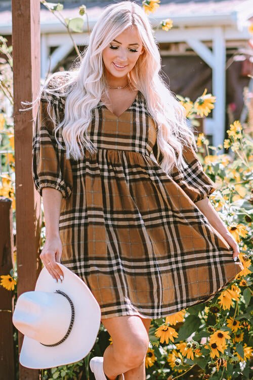 Plaid V-Neck Balloon Sleeve Dress - EMMY