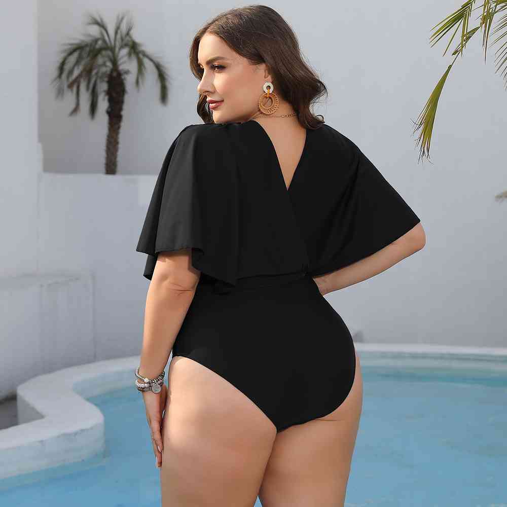 Plus Size Ruched Surplice Neck One-Piece Swimsuit - EMMY