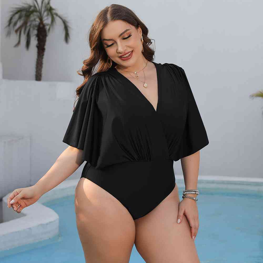 Plus Size Ruched Surplice Neck One-Piece Swimsuit - EMMY
