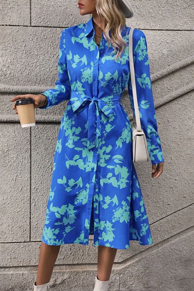 Printed Button Up Tie Waist Dress - EMMY