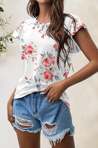 Printed Round Neck Short Sleeve T-Shirt - EMMY