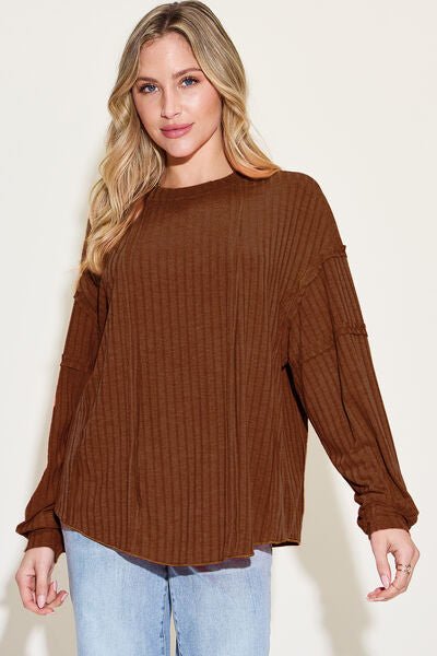 Ribbed Round Neck Long Sleeve T-Shirt - EMMY