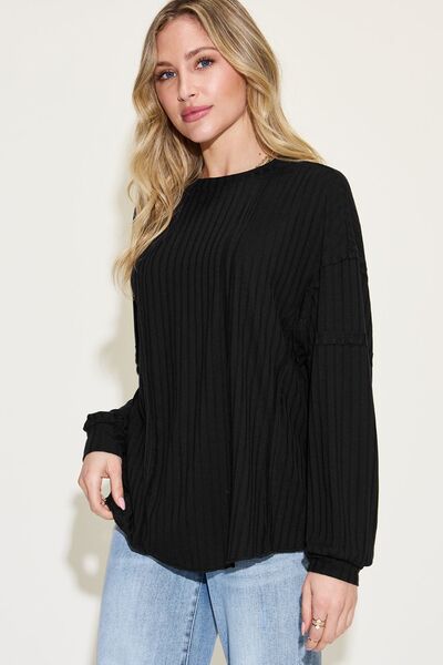 Ribbed Round Neck Long Sleeve T-Shirt - EMMY