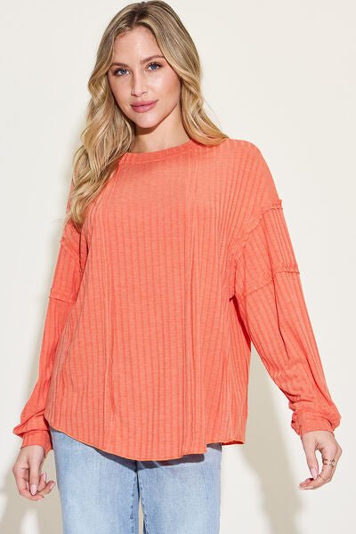 Ribbed Round Neck Long Sleeve T-Shirt - EMMY