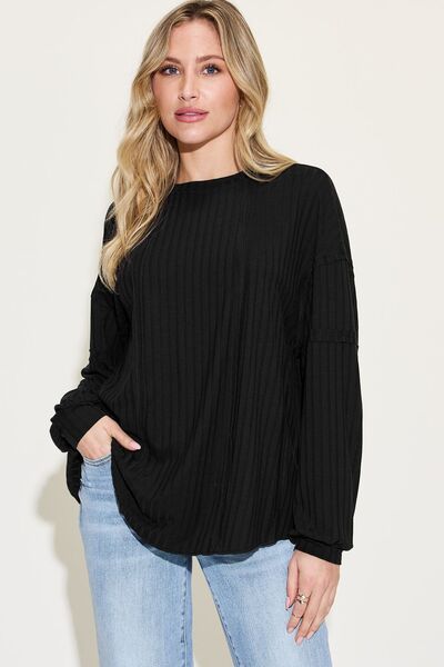 Ribbed Round Neck Long Sleeve T-Shirt - EMMY