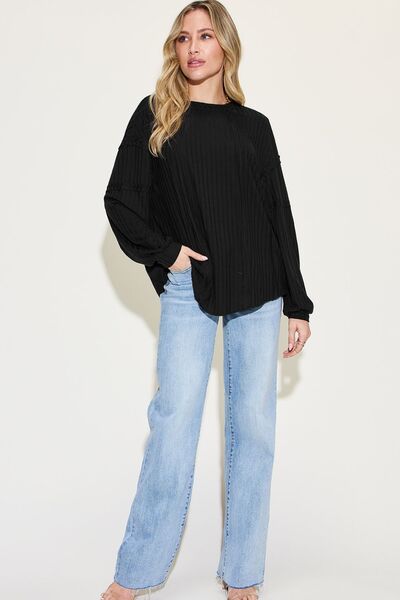 Ribbed Round Neck Long Sleeve T-Shirt - EMMY