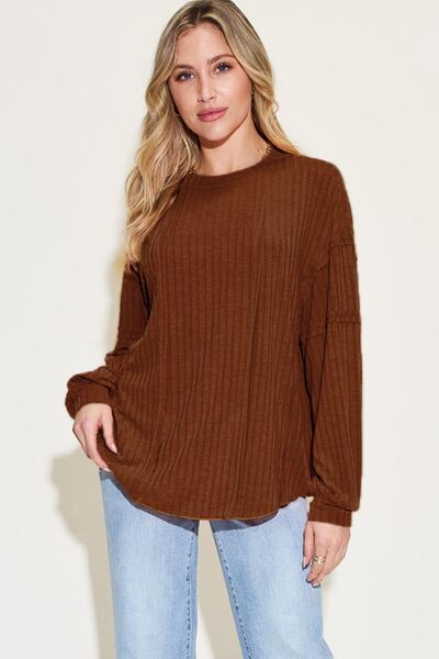 Ribbed Round Neck Long Sleeve T-Shirt - EMMY