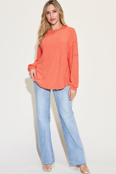 Ribbed Round Neck Long Sleeve T-Shirt - EMMY