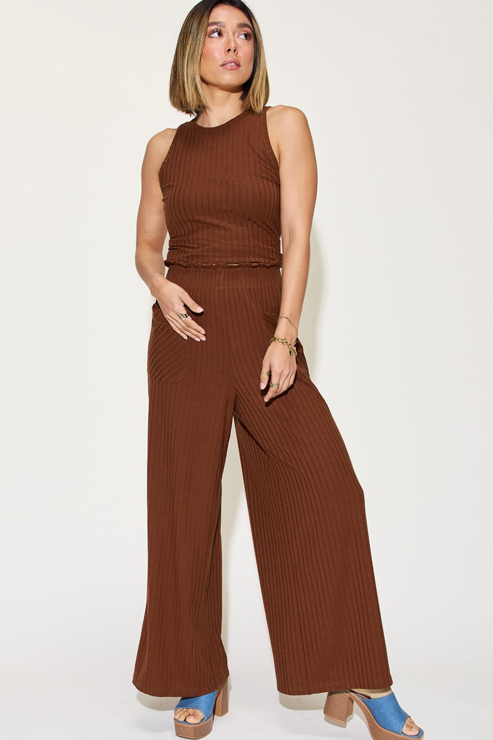 Ribbed Tank and Wide Leg Pants Set - EMMY